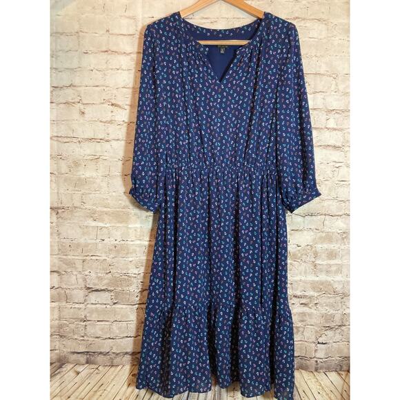 Talbots Midi Dress Women 12 Navy Nautical Anchor Print Tiered Boho Dark Romantic - Picture 1 of 13